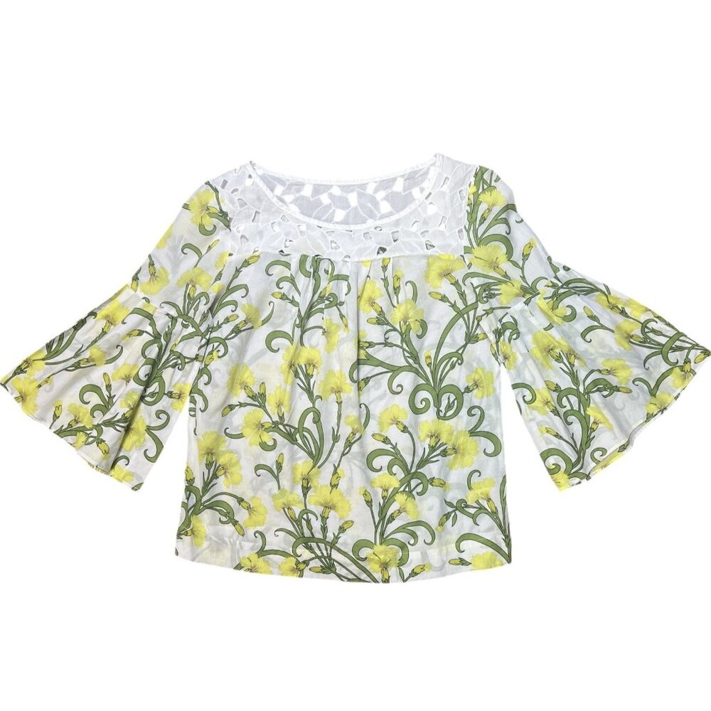 Anthropologie HD IN PARIS Size 00 Yellow Green Daffodils Floral Top Bell Sleeve